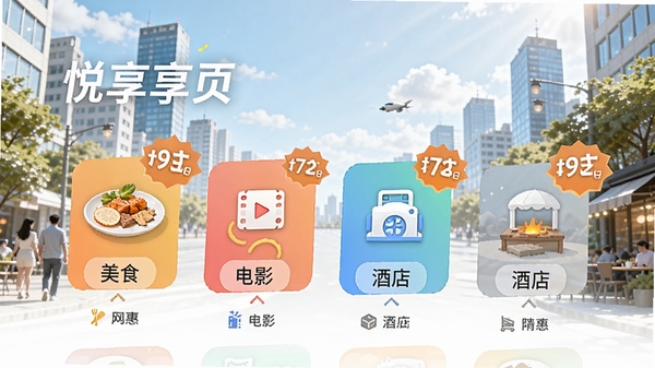 ������APP��ҳ����չʾ��������ʳ����Ӱ���Ƶ���Ź�����ͼ�꣬����Ϊ���������ĳ����������ͻ���Ż��ۿ۱�ǩ