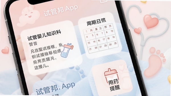 �Թܰ�APP��ҳ����չʾ����ܰ�ķ���ɫ�����ֻ���Ļ����ʾ�Թ�Ӥ��֪ʶ���տ�Ƭ��������������ҩ����ͼ�꣬��������͵�Ӥ����ӡ�Ͱ���Ԫ�أ���������ůרҵ