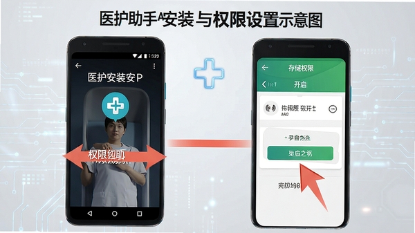 ҽ������APP��װ��Ȩ������ʾ��ͼ��չʾ��׿�ֻ���װ������洢Ȩ�޿������裬����������ע�ؼ������㣬����Ϊ�Ƽ���ǳ��ɫ