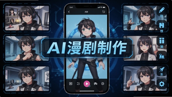 AI漫剧制作软件主界面展示,手机屏幕中呈现动漫角色生成过程,科技感蓝色调,画面中央有AI漫剧制作文字标识,周围环绕动漫分镜缩略图与创作工具图标