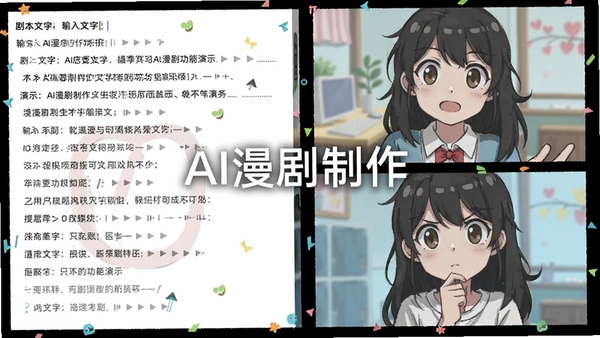 AI漫剧制作文字转漫剧功能演示,左侧输入框显示剧本文字,右侧生成动漫分镜画面,中间有AI漫剧制作软件名称水印,扁平插画风格