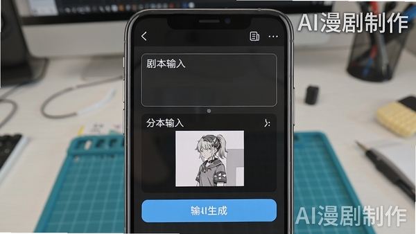 AI漫剧制作移动端操作界面截图,展示剧本输入框与分镜生成按钮,手机边框清晰可见,背景为简洁工作台,画面中有AI漫剧制作文字水印