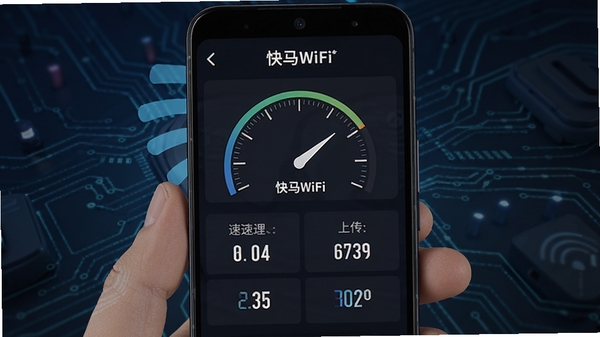 ����WiFi�ڰ�׿�ֻ���չʾ������ٽ�����棬��ʾ�����ٶȡ��ϴ��ٶȺ��ӳ���ֵ������Ϊ��ɫ�Ƽ����
