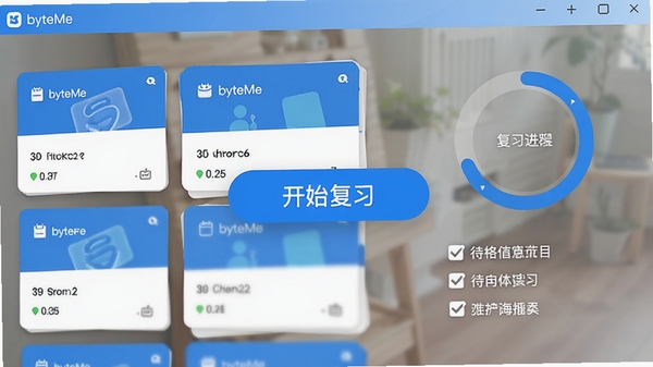 byteMe �����������ͼ��չʾ��Ƭ�б��븴ϰ���Ȼ������������¼�Լ��������ɫ��ͻ�����俨Ƭ�ʹ����������Ų���������������Ŀ�ġ���ʼ��ϰ����ť�������黯�������������� byteMe ��ʾ�ڶ���������