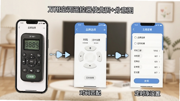 万用空调遥控器使用教程示意图,手机操作步骤分解,包含品牌选择、对码匹配、定时设置等界面,新手友好,步骤清晰