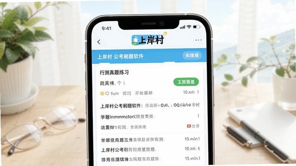 上岸村公考刷题软件主界面截图,手机屏幕显示行测真题练习页面,顶部有上岸村LOGO,画面清爽明亮,学习氛围浓厚