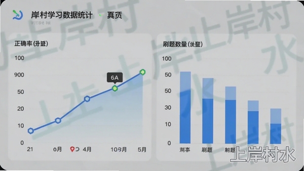 上岸村学习数据统计页面,展示正确率折线图和刷题数量柱状图,手机界面,数据可视化风格,带上岸村水印