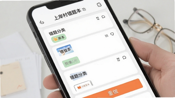 上岸村错题本功能界面,展示错题分类列表和重做按钮,手机屏幕画面,简洁教育风格,突出上岸村品牌元素