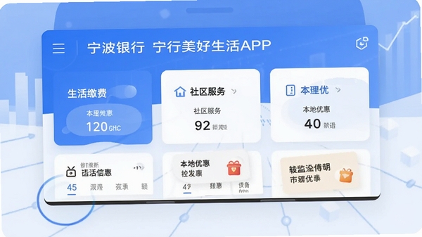 宁波银行宁行美好生活APP界面展示图,手机屏幕显示生活缴费、社区服务、本地优惠等核心功能模块,蓝白色调,现代金融科技风格