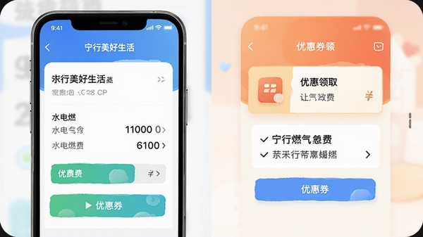 宁行美好生活APP生活缴费功能操作界面截图,展示水电燃气缴费页面和优惠券领取界面,AI生成风格