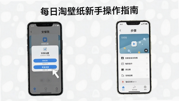 每日淘壁纸新手操作指南示意图,手机屏幕显示安装权限设置界面和壁纸设置步骤,简洁明了