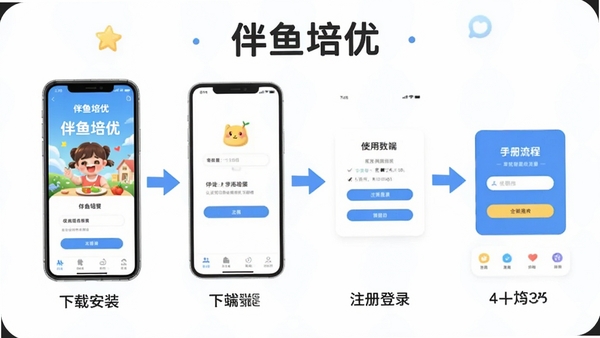 伴鱼培优手机端使用教程示意图,展示从下载安装到注册登录的完整流程,画面中有手机屏幕截图和箭头指引,标注“伴鱼培优”字样,风格简洁明了
