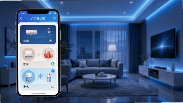 �й����ʼ�APP���豸ͳһ�ܿؽ���չʾ���ֻ���Ļ��������������յ�����ů���·硢��ˮ�豸��Ƭ���ִ��Ҿӱ������Ƽ�����ɫ��������UIչʾͼ