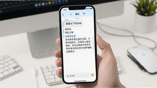 序光体灵感记录与创作辅助功能演示,手机界面展示语音输入转文字、关键词生成短文的过程,风格清新简洁