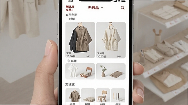 MUJI��ӡ��ƷAPP����չʾ����Լ�����Ʒ�������룬�������μҾ��ľ߷��࣬��ɫ����ɫΪ��ɫ���������ֻ�����չʾͼ