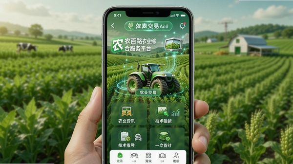 ũ��·ũҵ�ۺϷ���ƽ̨APP����չʾ������ũ��Ʒ���ס�ũҵ��Ѷ������ָ���ȹ��ܰ�飬�ֻ���Ļ��ʾ��ɫũ�ﱳ�����Ƽ�����ũҵ��ϣ�����UI���ͼ