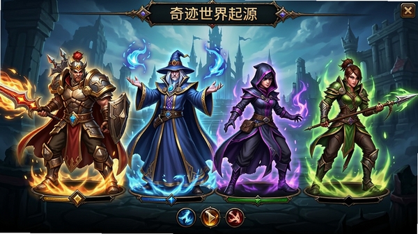 奇迹世界起源游戏角色职业选择界面,展示战士、法师、刺客、射手四大职业,华丽魔幻风格,技能特效炫酷,角色造型精美,游戏UI清晰