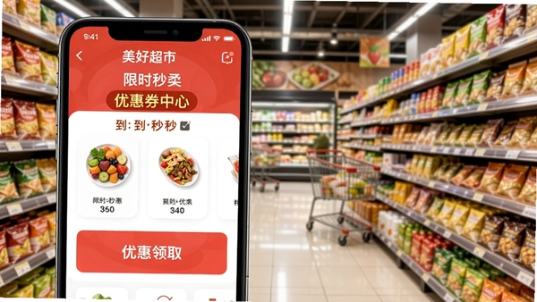 美好超市APP限时秒杀与优惠券中心界面,手机屏幕显示倒计时秒杀商品和红色优惠券领取按钮,背景为热闹的超市货架