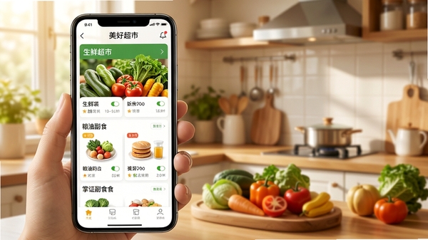美好超市APP首页界面展示,手机屏幕中呈现生鲜果蔬、粮油副食分类清晰的购物页面,背景为温馨的家庭厨房场景,突出掌上便捷购物主题