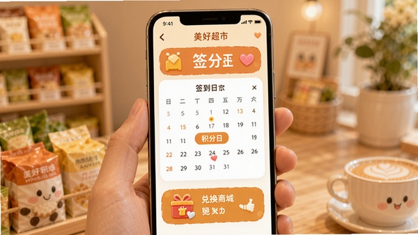美好超市APP会员积分与签到界面,手机屏幕显示积分余额、签到日历和兑换商城入口,风格温馨活泼