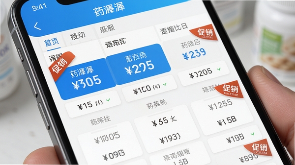 药潺潺软件界面展示药品比价列表,多列价格对比清晰,促销标签醒目,手机屏幕特写,AI生图提示词:药潺潺APP药品比价页面,现代移动端UI,蓝色高亮价格,促销角标,真实感