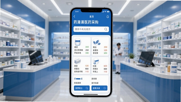 药潺潺医药采购平台手机端首页展示,蓝色主色调,药品分类清晰,搜索框醒目,背景为现代药房场景,整体风格专业简洁