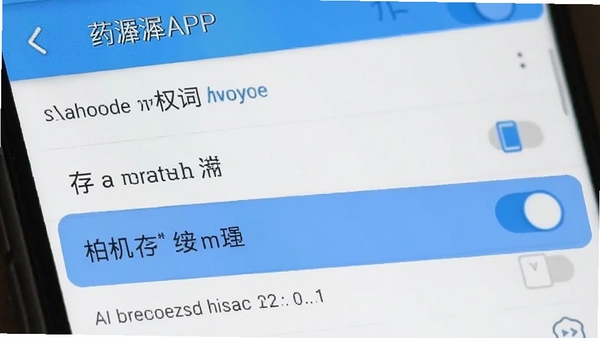 药潺潺APP在安卓手机上的权限设置界面截图,高亮存储与相机权限开关,AI生图提示词:药潺潺软件权限管理页面,手机屏幕特写,蓝色高亮开关,清晰UI