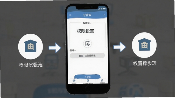 仓管家移动端操作教程示意图,手机界面显示权限设置步骤,简洁明了的图标指引,扁平化设计风格