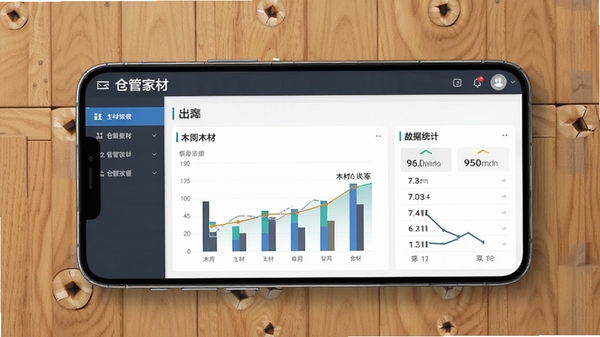 仓管家木材库存管理软件主界面展示,手机屏幕显示木材入库出库数据统计图表,木质纹理背景,专业商务风格,高清渲染