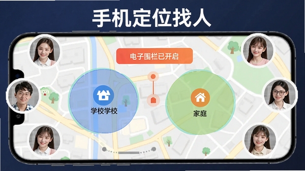 �ֻ���λ���˰�ȫ�������ý��棬��ͼ���ò�ɫԲȦ��עѧУ���ͥλ�ã�������ʾ������Χ���ѿ�������ʾ����Χ�м�ͥ��Աͷ��Χ�ƣ�ͻ����ȫ�ػ����⣬�������ơ��ֻ���λ���ˡ������ڽ�����Ŀλ��