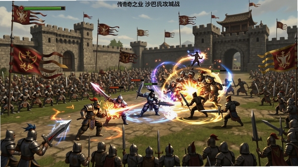 传奇之业沙巴克攻城战万人同屏激战画面,复古传奇风格,行会旗帜飘扬,技能特效华丽,AI生图