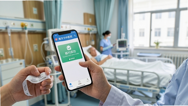 �Ͼ�����ҽԺҽ����APP�ƶ�ҽ��ִ�н��棬��ʿ�ֳ��ֻ�ɨ�軼���������Ļ��ʾ�˶Գɹ���ʾ��ҽԺ��������