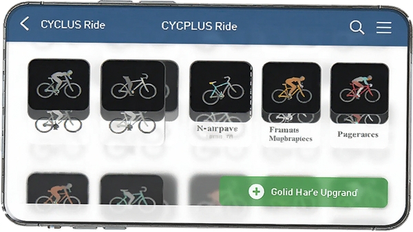 AI生成一张CYCPLUS Ride设备管理页面示意图,显示多个骑行设备图标和固件升级按钮,手机界面风格