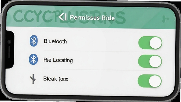 AI生成一张手机显示CYCPLUS Ride权限设置界面的示意图,标注蓝牙、定位、存储等权限开关,界面清晰
