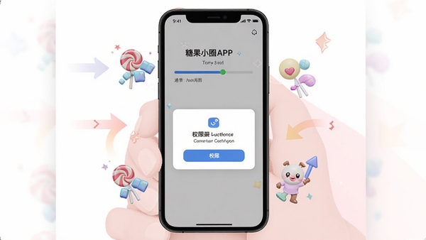 �ǹ�СȦAPP��װ����ʾ��ͼ���ֻ���Ļ��ʾ���ؽ�������Ȩ����Ȩ��������Χ�м�ͷ��ע����˳�򣬱���Ϊ���İ�ɫ��ǳ��ɫ��ͻ�����������������׶�