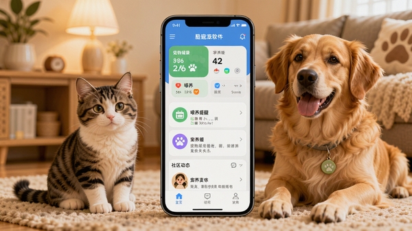 酷宠软件主界面展示,手机屏幕中呈现宠物健康档案、喂养提醒、社区动态等模块,背景温馨居家环境,一只可爱的猫咪和狗狗陪伴在旁,整体色调温暖明亮,突出掌上养宠助手的产品定位