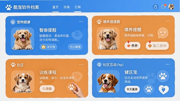 酷宠软件功能界面截图,展示宠物健康档案、喂养提醒、训练课程和社区互动四个板块,界面简洁清新,以蓝色和暖橙色为主色调,突出智能化养宠工具的特色