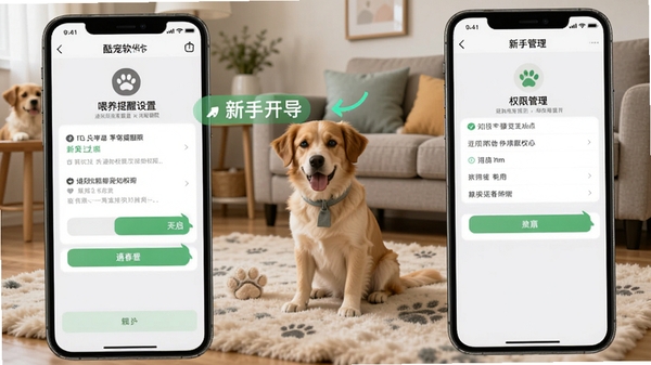 酷宠软件在手机上的操作界面截图,展示喂养提醒设置和权限管理页面,界面清晰标注通知权限开启步骤,背景为居家养宠场景,突出新手引导的友好性