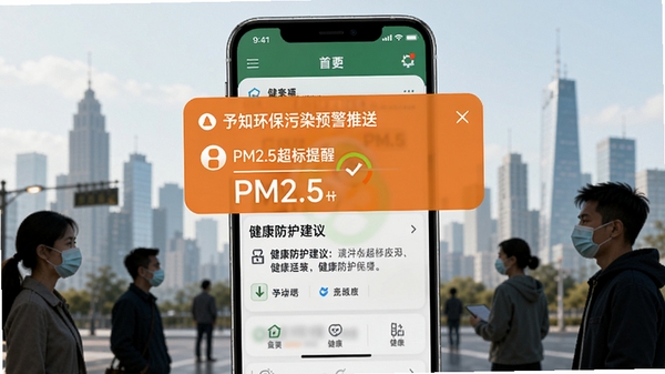 予知环保污染预警推送界面,手机弹出橙色预警通知卡片,显示PM2.5超标提醒与健康防护建议,背景为城市远景与戴口罩的人群剪影,画面传递环保健康关怀主题
