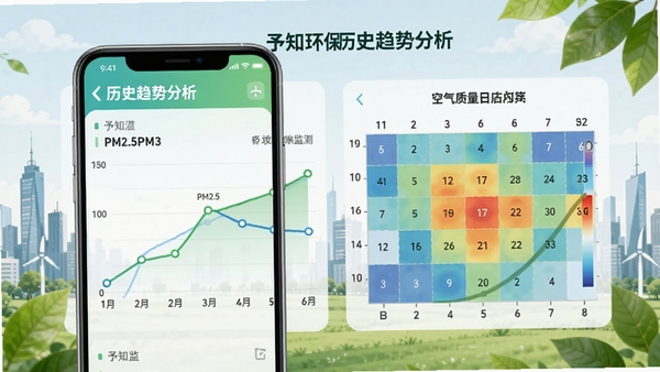 予知环保历史趋势分析页面,手机屏幕显示PM2.5浓度折线图与空气质量日历热力图,界面配色清新,突出数据可视化效果,背景融入城市天际线与绿色树叶元素,体现环保监测主题