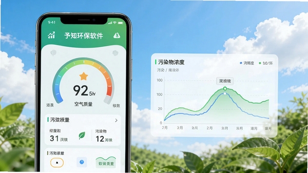 予知环保软件主界面展示,手机屏幕中呈现空气质量指数仪表盘与污染物浓度曲线图,背景为清新蓝天白云与绿色植被,科技感与环保主题融合,画面明亮简洁,适合作为软件介绍配图