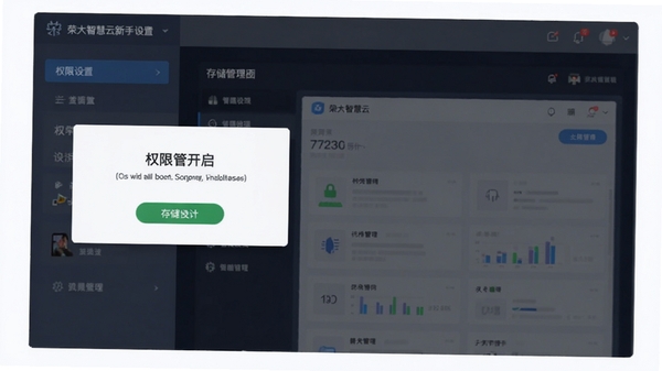 荣大智慧云新手设置界面,权限开启提示,存储管理页面