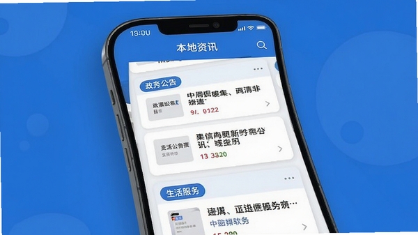 中周信息软件界面展示,手机屏幕显示本地资讯列表,简洁清爽的UI设计,蓝色主色调,资讯卡片式布局,包含政务公告和生活服务分类标签,现代扁平化风格