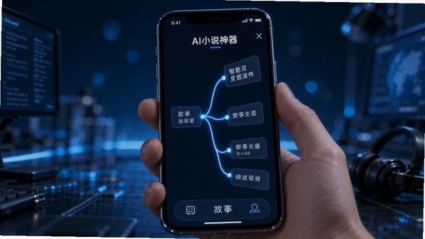 AI小说神器智能灵感激发界面,手机屏幕上显示着多个故事大纲分支,科技感背景,蓝色光效