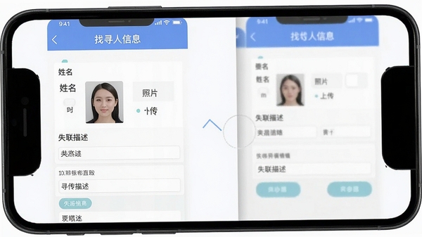 ����ͨAPP�ƶ��˲��������ͼ��չʾ����Ѱ����Ϣ����дҳ�棬������������Ƭ�ϴ���ʧ���������ֶΣ��ֻ���Ļ����������Ϊ��ɫ��ͻ������ͨ�������ƺͲ�������