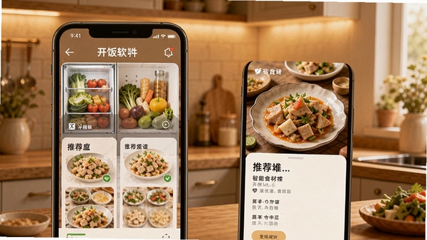 ������������ʳ���Ƽ����棬�ֻ���Ļ��ʾ����ʳ�����Ƽ����ף�AI��ͼ���ůɫ����������ͻ��������������