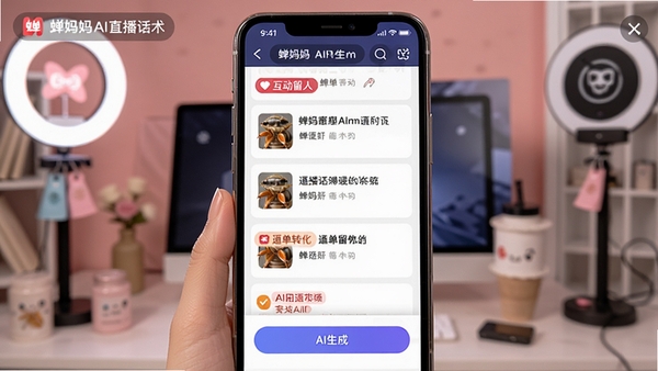蝉妈妈AI直播话术生成界面,手机屏幕展示直播话术模板列表和AI生成按钮,包含互动留人、逼单转化等标签,背景为直播间场景元素