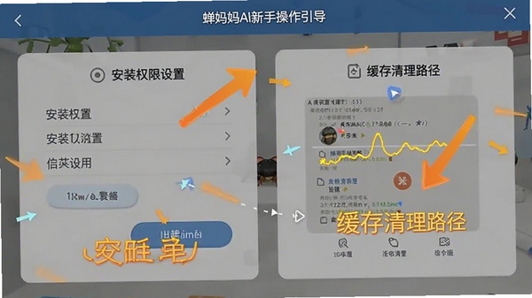 蝉妈妈AI新手操作引导界面截图,展示安装权限设置步骤和缓存清理路径,画面带箭头标注和文字说明,风格简洁清晰