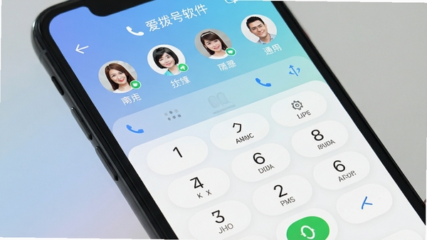 爱拨号软件主界面展示,简洁清晰的拨号键盘设计,手机屏幕上显示常用联系人快捷入口,背景为柔和的蓝白渐变色调,突出轻量高效的通讯工具定位