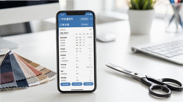 华纺通软件移动端操作界面截图,展示订单详情页与审批流程,手机旁放着纺织面料色卡与剪刀,背景为明亮办公室桌面,实用办公场景